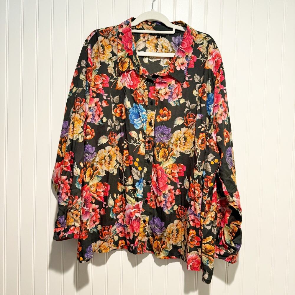 Tolani Collection Black Floral Long Sleeve Button Up Blouse Plus Size 2X